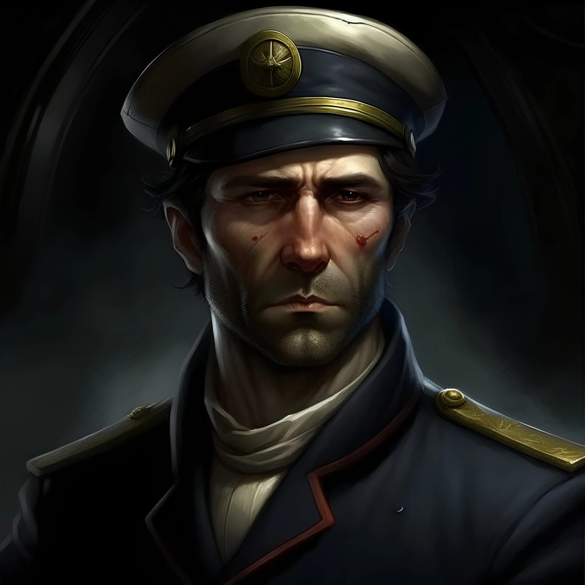 The submarine captain Sylas Steinhardt, a well groomed dark haired man with scars on his face realistic grimdark setting,