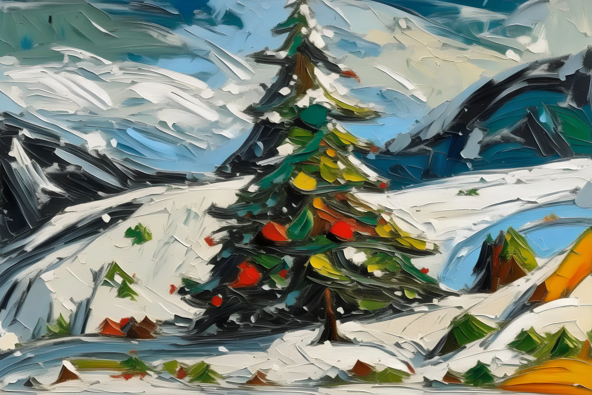 Christmas tree on a snow covered mountainside in the style of Frank Auerbach