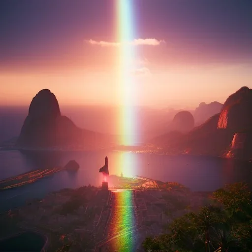 Christ the Redeemer rainbow sunset, palms, spring, sunset rainbow, flying birds, unreal engine 5, cinematic lighting, realistic, hyper detailed, 8k, octane render, cinema 4d