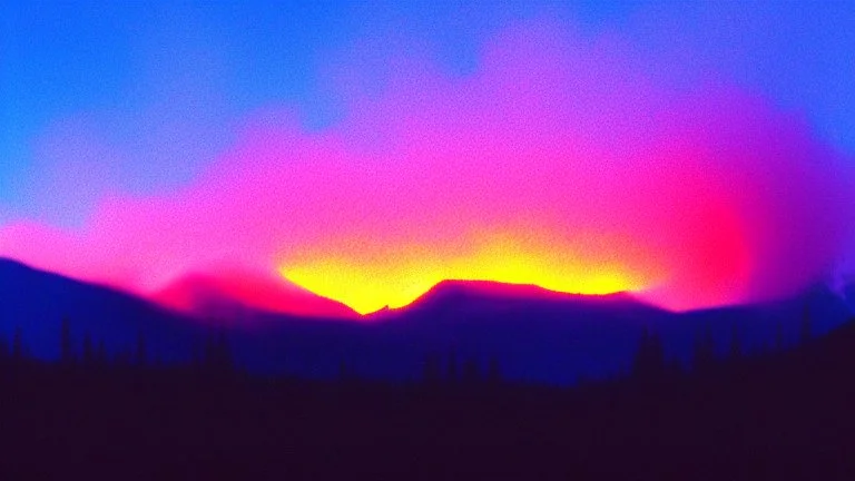 background=(mountains, alberta, forest fires, burning), time=(sunset), style=(vaporwave), effect=(smoke, plumes)