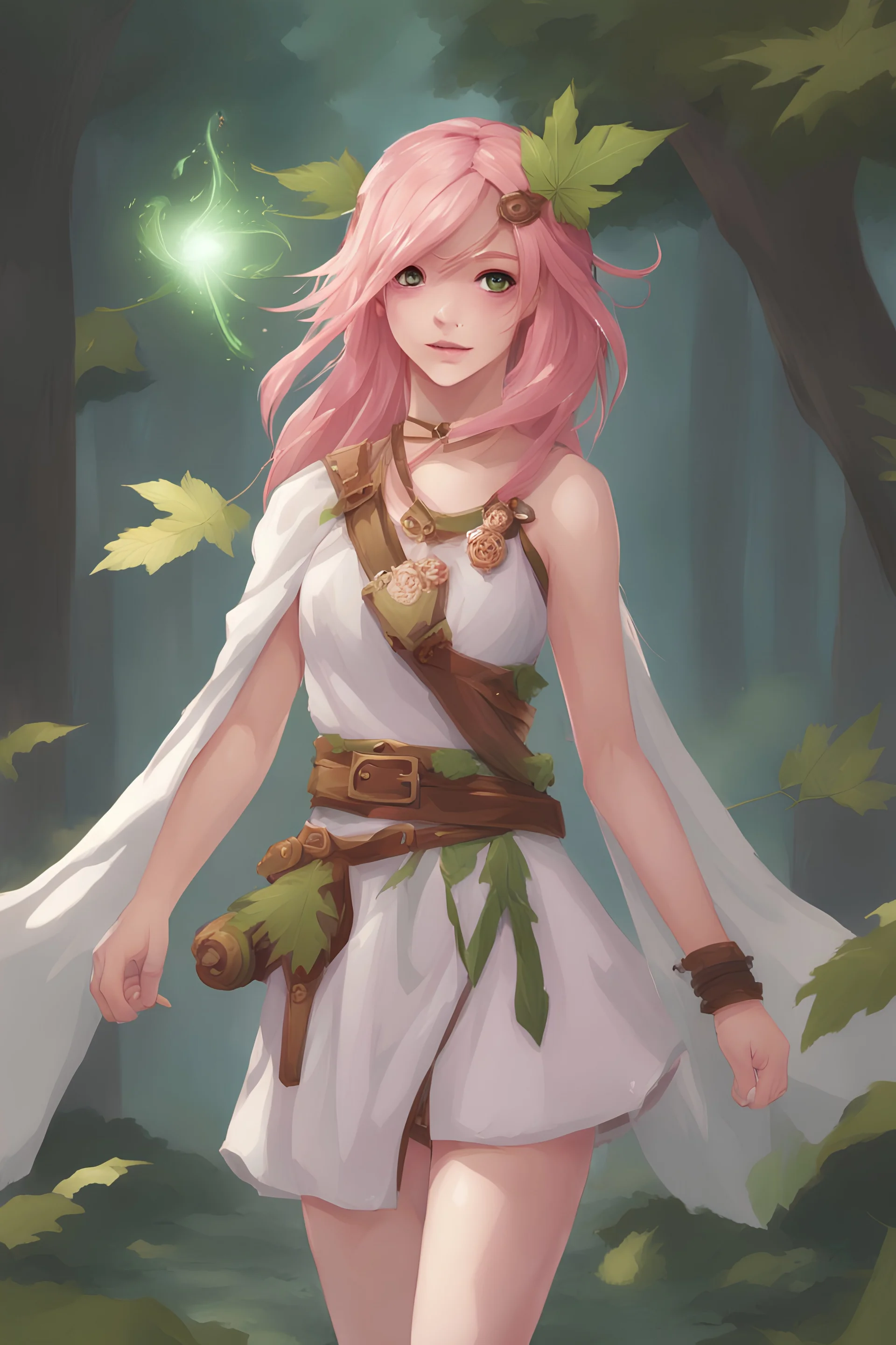 Girl, 20 years old, Druid, Magic, Leaf dress, pink hair, plain background, D&D, (((Scar on left cheek))), corruption on face