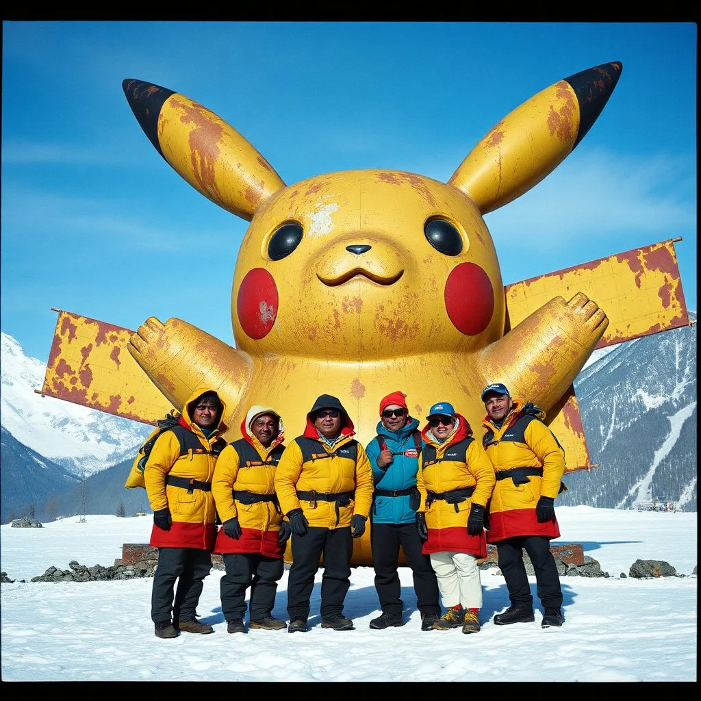 Several mountain guide sherpas dressed in traditional grab posing in front of an enormous colossal badly rusted and weathered metal statue of pikachu, snow, mountains in background, absurd, 35mm film