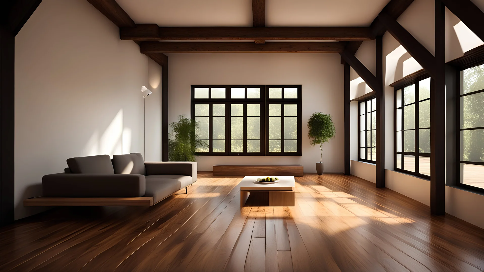 Generate a detailed description of an empty apartment with a serene ambiance. Picture a space with polished wooden floors, pristine white walls, and exposed wooden beams beneath a high, sloping roof. The room is filled with natural light streaming in through a side window, casting warm and gentle rays across the room. Capture the stillness and simplicity of the scene, highlighting the potential for personalization and imagining the quiet moments that might unfold in this tranquil space