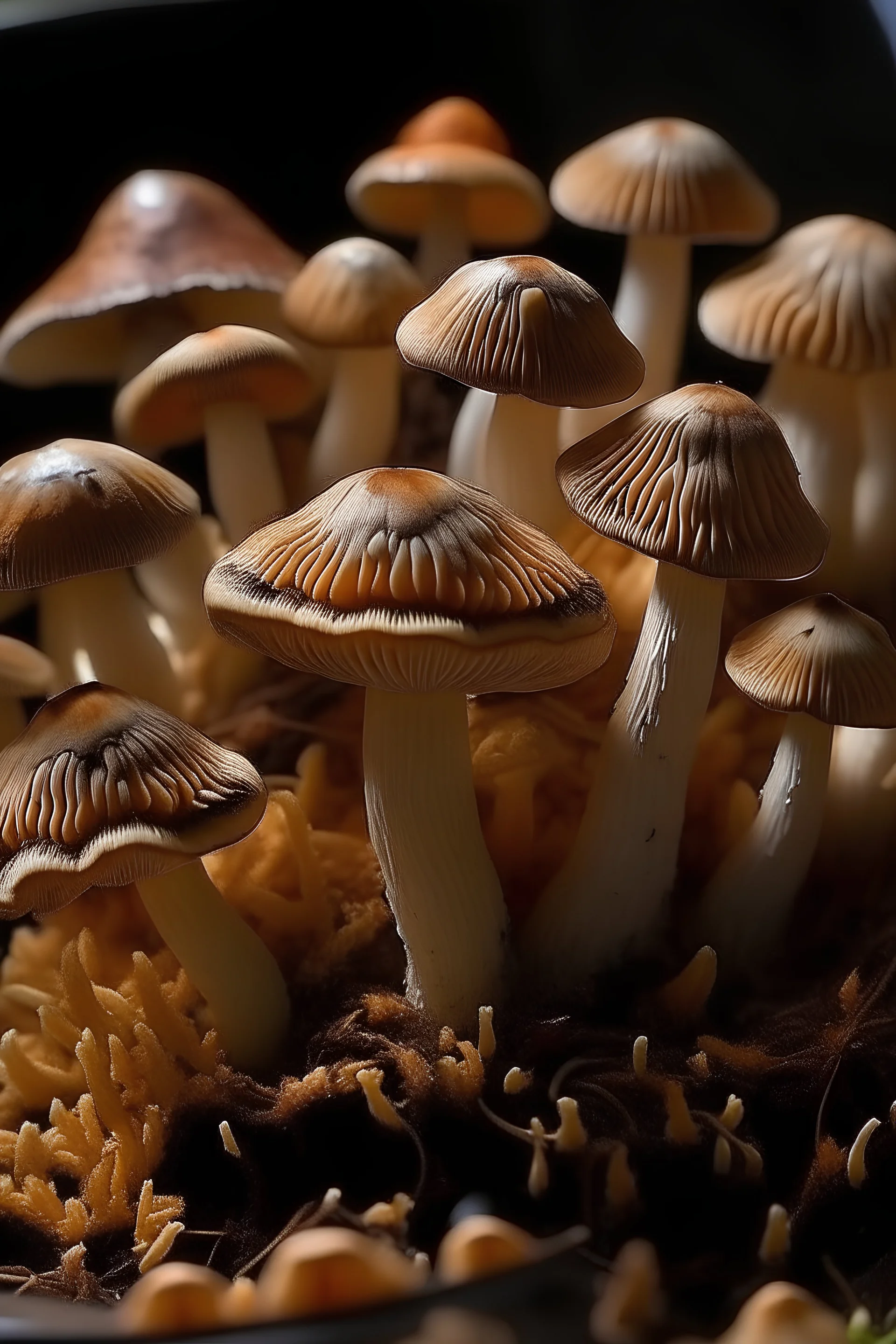 gente a quienes les crece por el cuerpo hongos tipo champignon iluminados por dentro