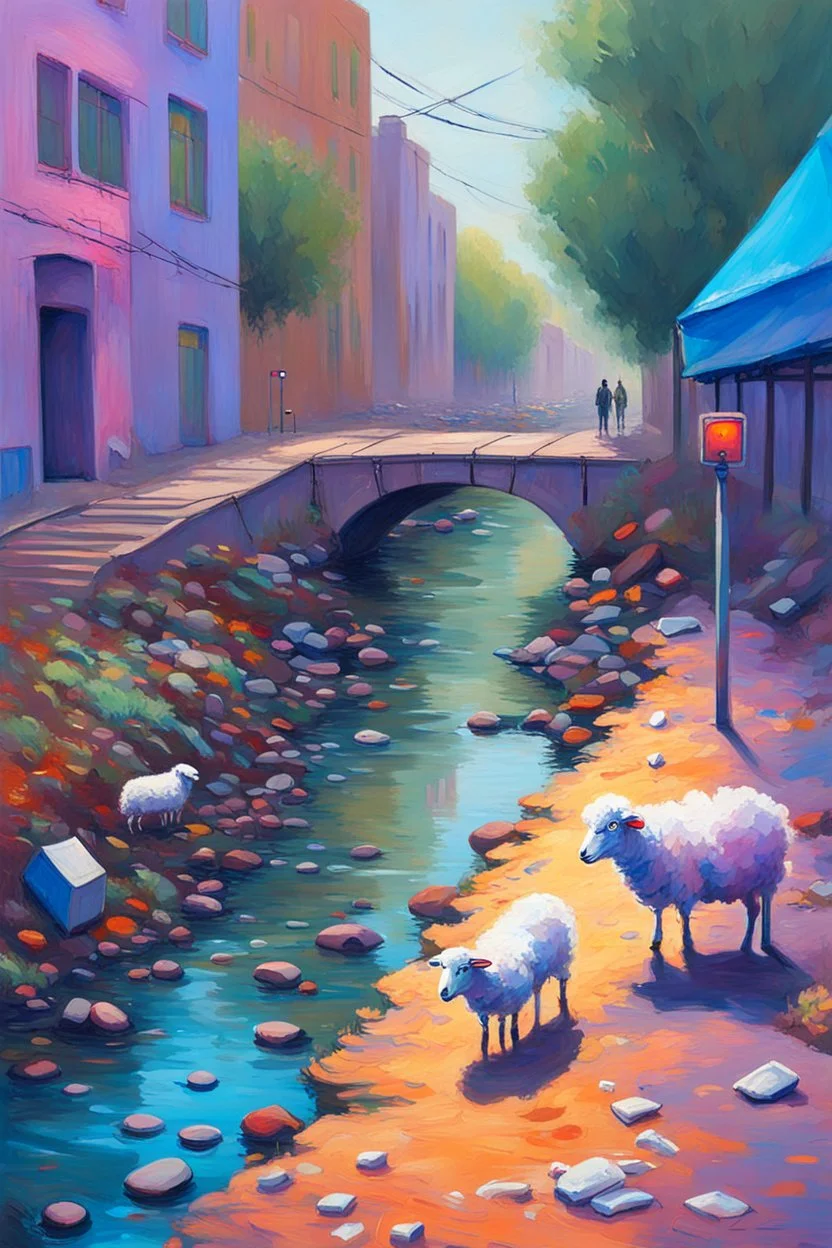 painting of a cyberpunk colourful natural walkway rubbish on the street in the city with pollution and a small bridge by a creek with electric sheep and androids by monet