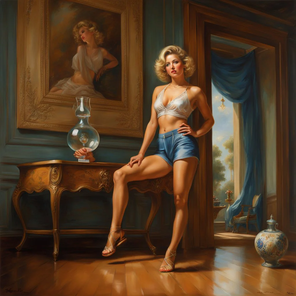 full length low angle airbrush portrait of young barefoot woman standing legs apart, wearing crop top and silk shorts with blond hair in pixie haircut, tan complexion, and wireframe glasses, sapphire pendant, confident expression, by pino daeni bare feet resting on hardwood floor, in opulent parlor with antiques, relief hangings, and a crystal decanter, perfect toes, pedicure