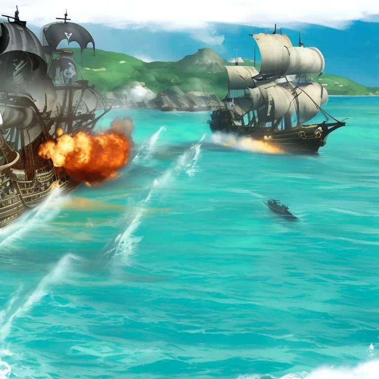 Two pirate ships fight each other at sea. Firing cannons. One ship is hit and burns after being hit.