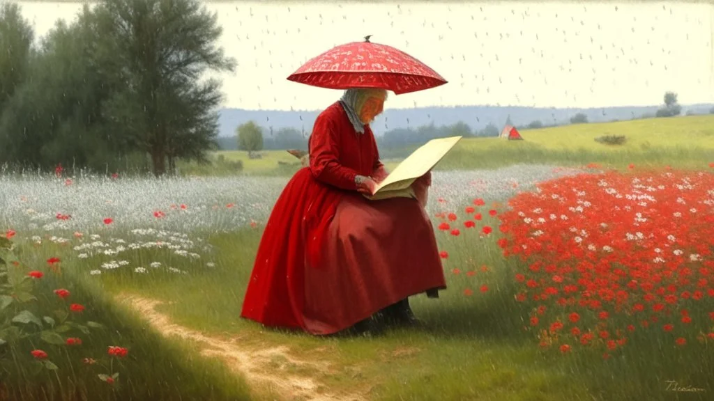 An elderly peasant woman, seen in full body, wearing clothing appropriate to her work, is reading a letter outdoors. She is standing and holding a red umbrella, and is in a field of grass and flowers with many trees in the background.