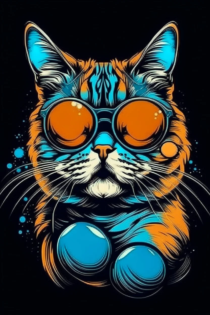 CAT AND FISH wearing sunglasses, Style: NEW, Mood: Groovy, T-shirt design graphic, vector, contour, WITH background.