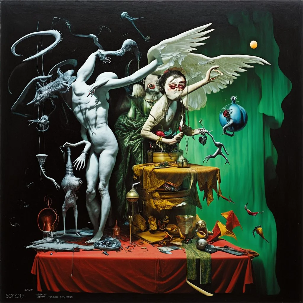 occult transience bladder treachery, Asymmetric and fragmented composition, abstract surrealism, unsettling dream of the coronation of the conspiracy, by Dave McKean and Graham Sutherland and Phlegm, violent colors