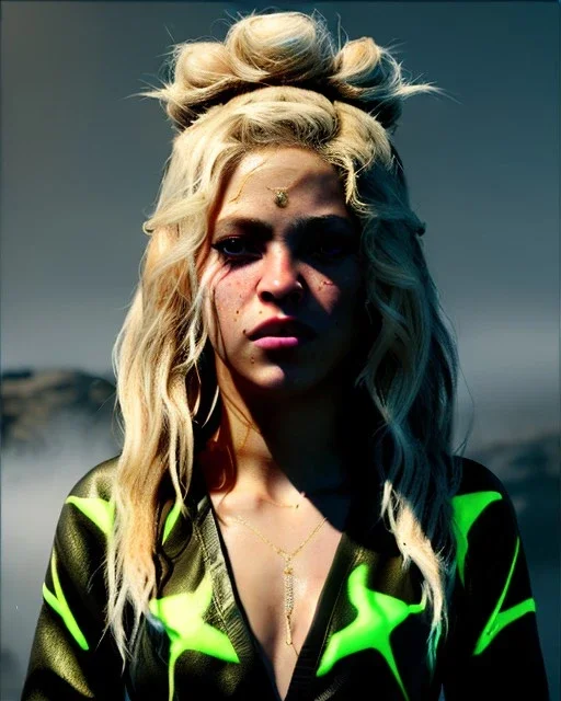 portrait, Shakira, blonde artist, angry, Realistic image, MMA robe, hoodie, mma gloves, fight pose, make-up make-up, gold line make-up, sweat, fog, goddess style, Neon colors, leds. Black background, photo studio, concept art, smooth, unreal engine 5, god lights, ray tracing, RTX, lumen lighting, ultra detail, volumetric lighting, 3d, finely drawn, high definition, 4k.