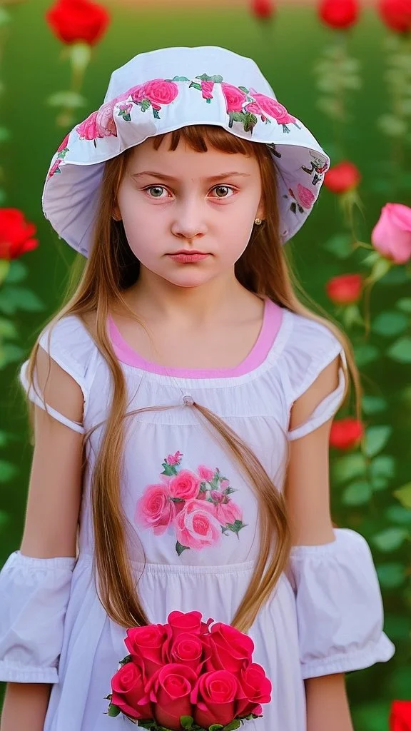 A little girl from Russia at the age of 7 years holds a lot of roses and puts them on her face, and she wears a white Bucket Hat, she puts the roses in front of her face, so her face does not appear, so her face does not appear,(Many Flowers: 1.2), Soft Light, Golden Hour, Upper Body, HDR, 8k, Natural Skin Texture, AO, Intricate, Highly Detailed, Sharp Focus, Crazy Detail, Intricate Detail, Highly Detailed ,The girl looked down