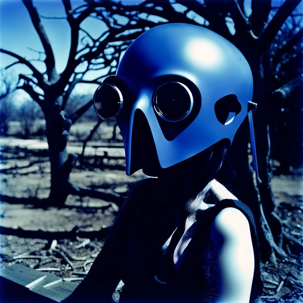 foto close-up polaroid surreale di persone con maschera e occhi grandi, wasteland, banco e nero, dettagli della pelle e dei vestiti molto accentuati, misterioso, cielo blu, macabro, street, aria aperta, albero secco, fiotti di liquido nero fuoriescono, Max Ernst style, strangeness, sundial light, intricate, hypnotic, obsessive, 8k, deep 3d field, very accentuated details of the dress and skin, eerily mysterious, artistic photo, shot on Hasselblad