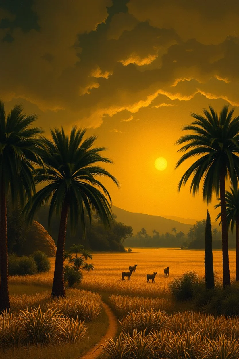 A dark gold mine oasis near a field of palm trees painted by Henri Rousseau
