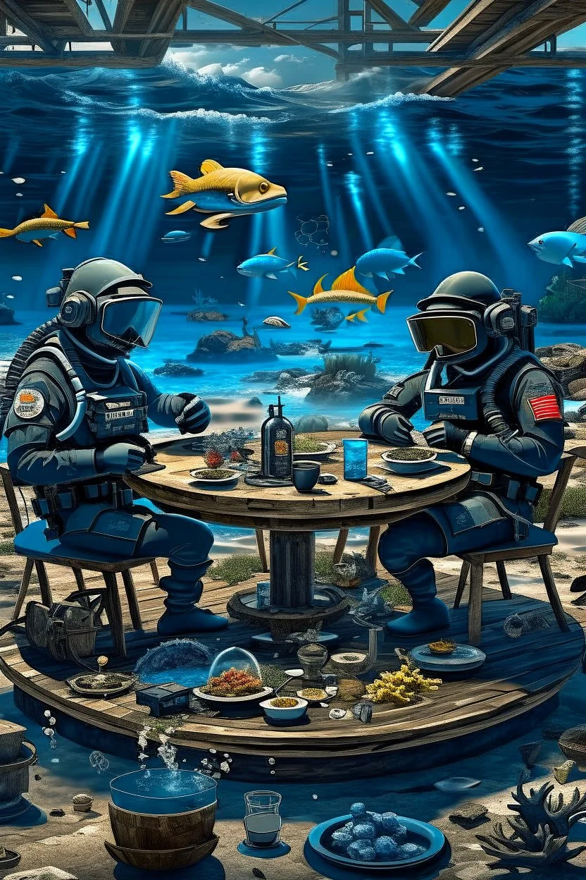 2 divers in full gear sitting at a round table having tea, the table is on the bottom of the in the dried out sea, around them are shattered dead fish, dead starfish, ship reck, 8 k realistic