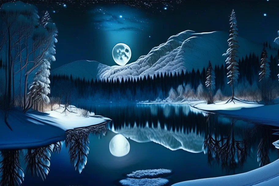 Night, Moon, distant mountains, pine trees, lagoon, lagoon reflections, winter, ice, snowy land