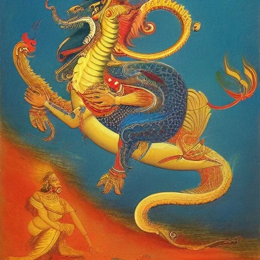 Vishnu riding a dragon in Ravi Varma painting style