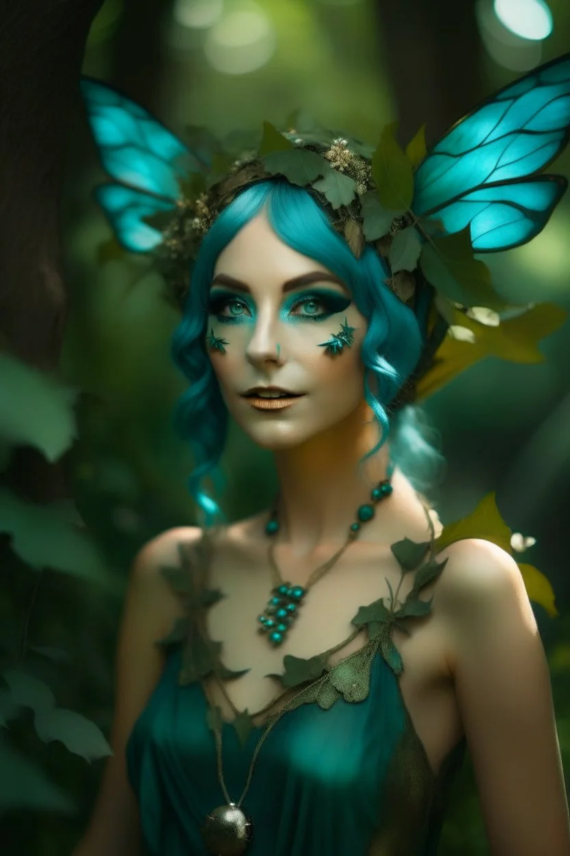 Forest fairy with iridesand teal wings and a cute short leaf dress and pointed ears and multiple vine earings and ear cuffs