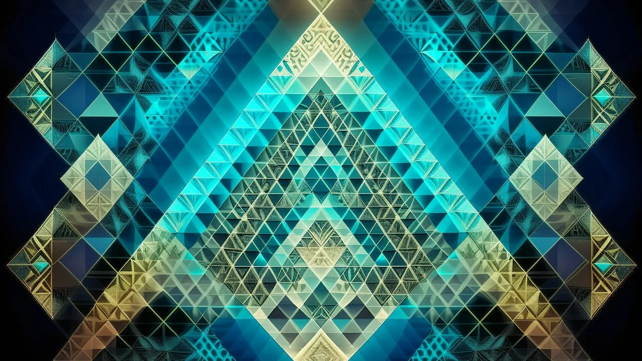 Creación de composición geométrica con triángulo de Sierpinski y patrón de distorsión con alineación espacial y textura de seda estilo estética espectral