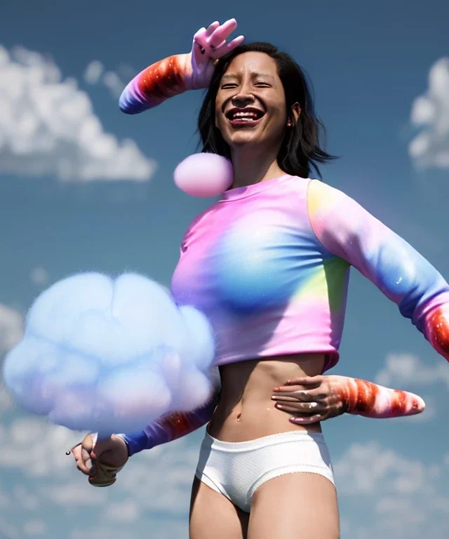 Ultra realistic speed clouds sky scene, wide angle view, sweet women falling down, inflatable color clothing, free jumping flying, many trinkets, hair monster, many jelly beans, balls, color smoke, smile, happy, circus style, extreme, wind, clouds sea, 20,000 feet altitude, stratosphere, soft color, highly detailed, unreal engine 5, ray tracing, RTX, lumen lighting, ultra detail, volumetric lighting, 3d, finely drawn, high definition, high resolution.