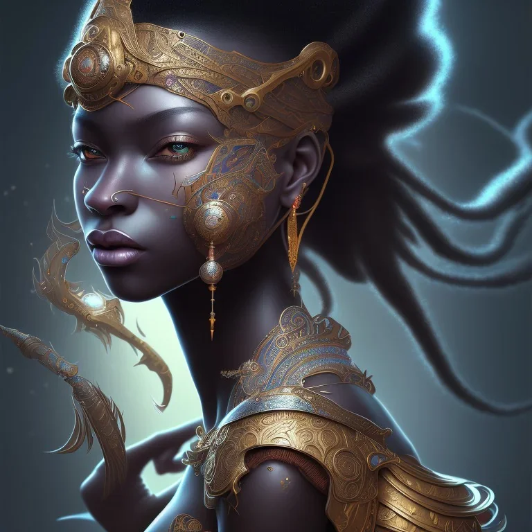 sango fantasy, fantasy magic, intricate, sharp focus, illustration, highly detailed, digital painting, concept art, matte, masterpiece head sexy view black African beauty black afro hair space lady platinum carp skin African space night