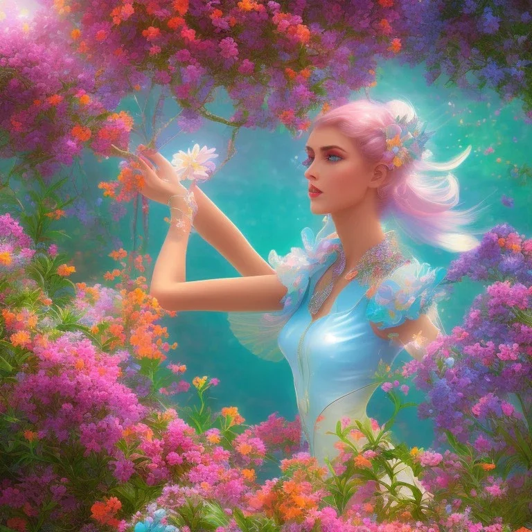 bright fairy in a flowery landscape synthwave, colorful, psychedelic, artstation, concept fairy art, smooth, extremely sharp detail, finely tuned detail, ultra high definition, 8 k