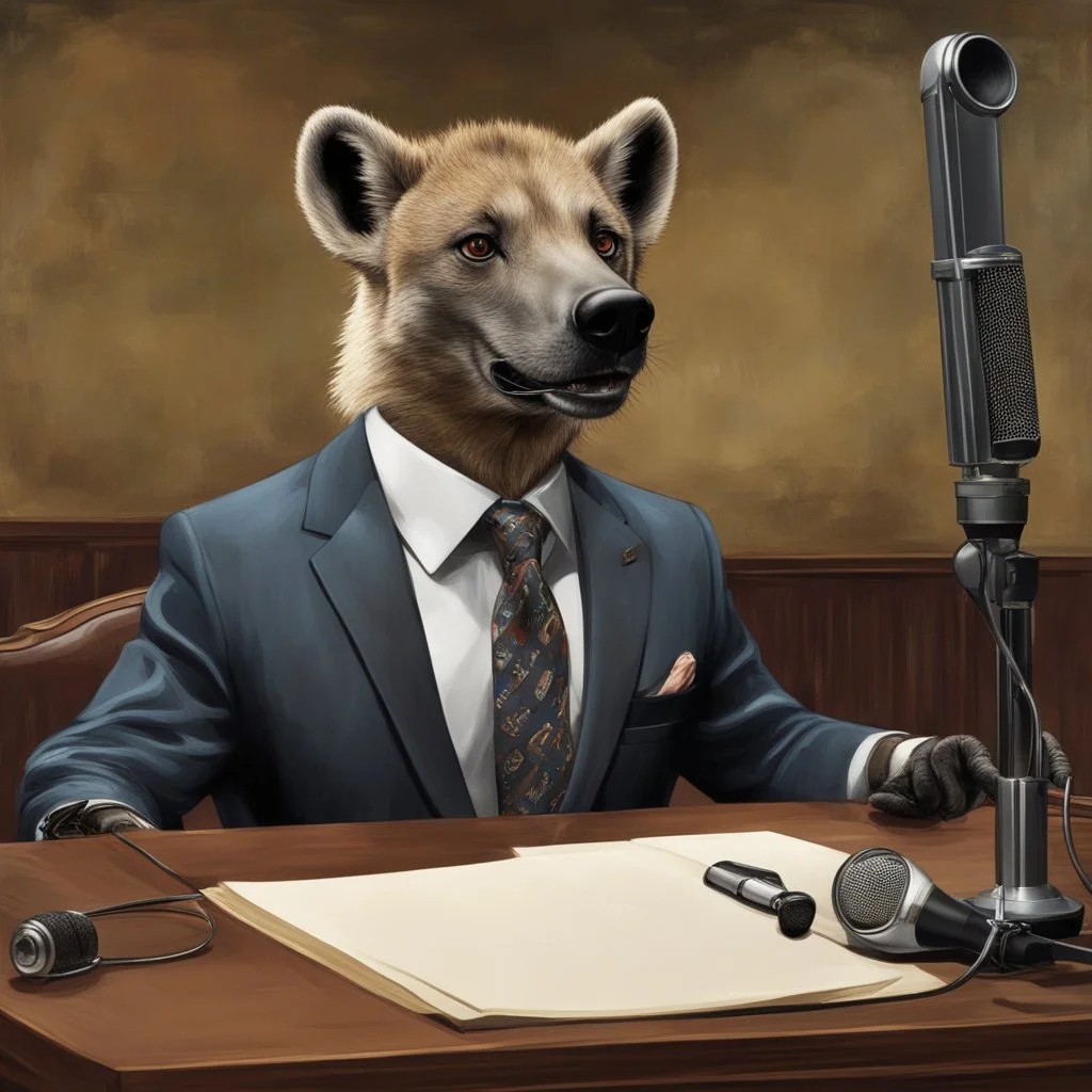 Hyena in a suit and tie, as an announcer sitting at the transmission table with a microphone presenting a newscast. Sandro Botticelli style. Ultra quality