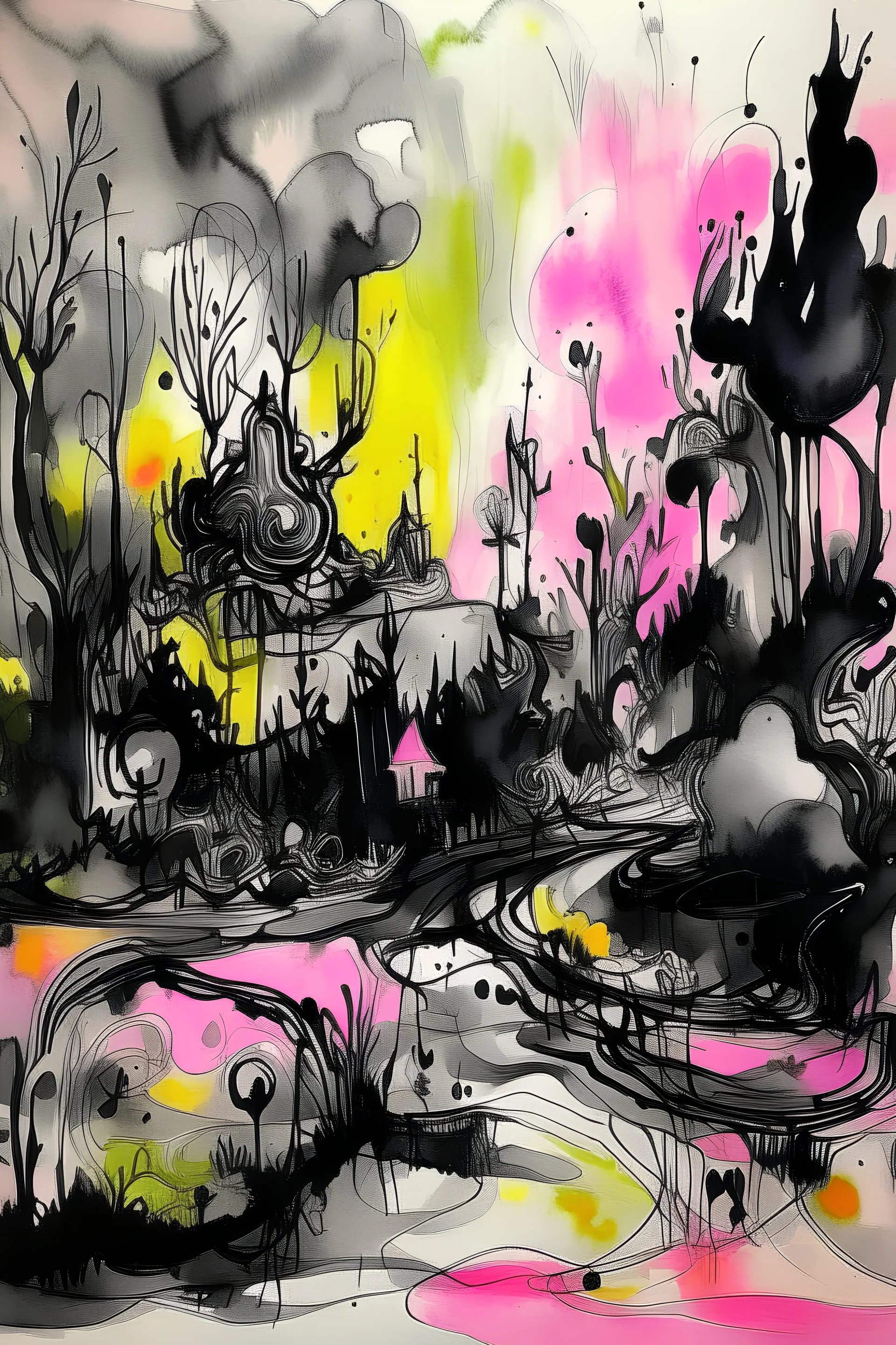 Where Reality Ends And Imagination Begins; Ink Wash With Splashes of pale neon pastels