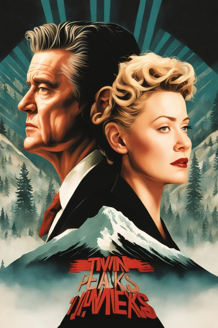 Movie poster art for "Twin Peaks" surreal TV drama by David Lynch, 'Who Killed Laura Palmer?', double exposure photo layering of ethereal Kyle Mcgloughlin and Sherilyn Fenn visages, beautiful modern poster composition by Drew Struzan, stunning dramatic artistic composition.