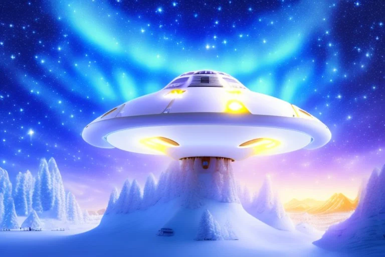 white spaceship ufo with light in the below. the landscape is a fairy colourfull forest with snow sweety mountains. the sky is blu with stars and brightness beam