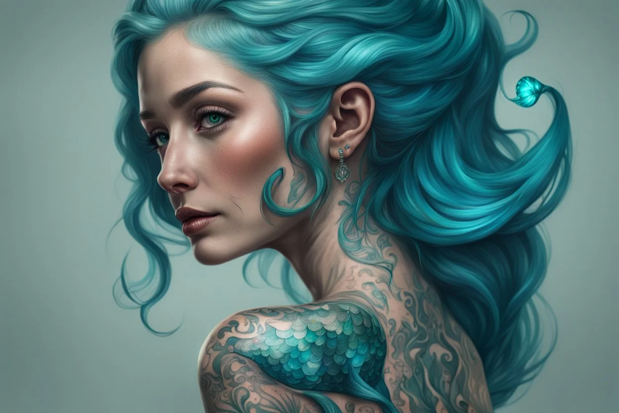 Portrait of an old mermaid, shimmering turquoise tail, tattoo, high resolution, Artstation trends, fine details, 8K