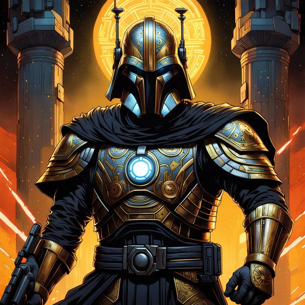 star wars bald male corellian pilot wearing pearlescent black and gunmetal grey First Order special forces heavy assault armor and helmet with gold trim inside the jedi temple, centered portrait, hyperdetailed, dynamic lighting, hyperdetailed background, 8k resolution, volumetric lighting, light skin, fully symmetric details