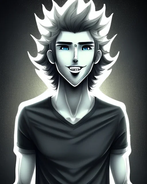 A skinny and relatively tall guy with wild curly blond hair, smiling with teeth and wearing black skinny jeans and a t-shirt. anime style