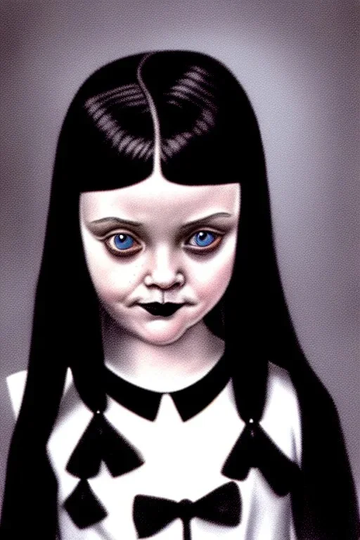 Wednesday Addams realistic portrait, highly detailed