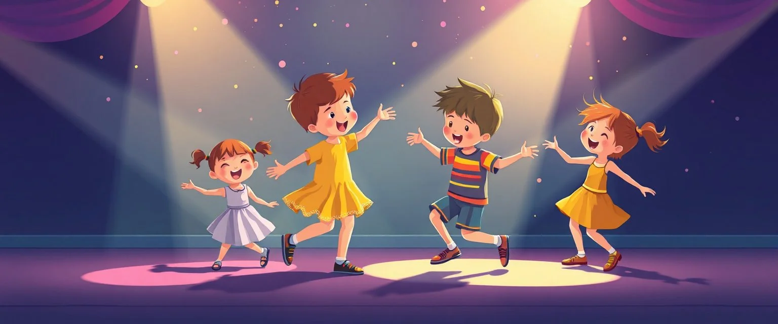 illustration of preschool children playing and dancing. fantastic lighting, cute amine children's book proportions