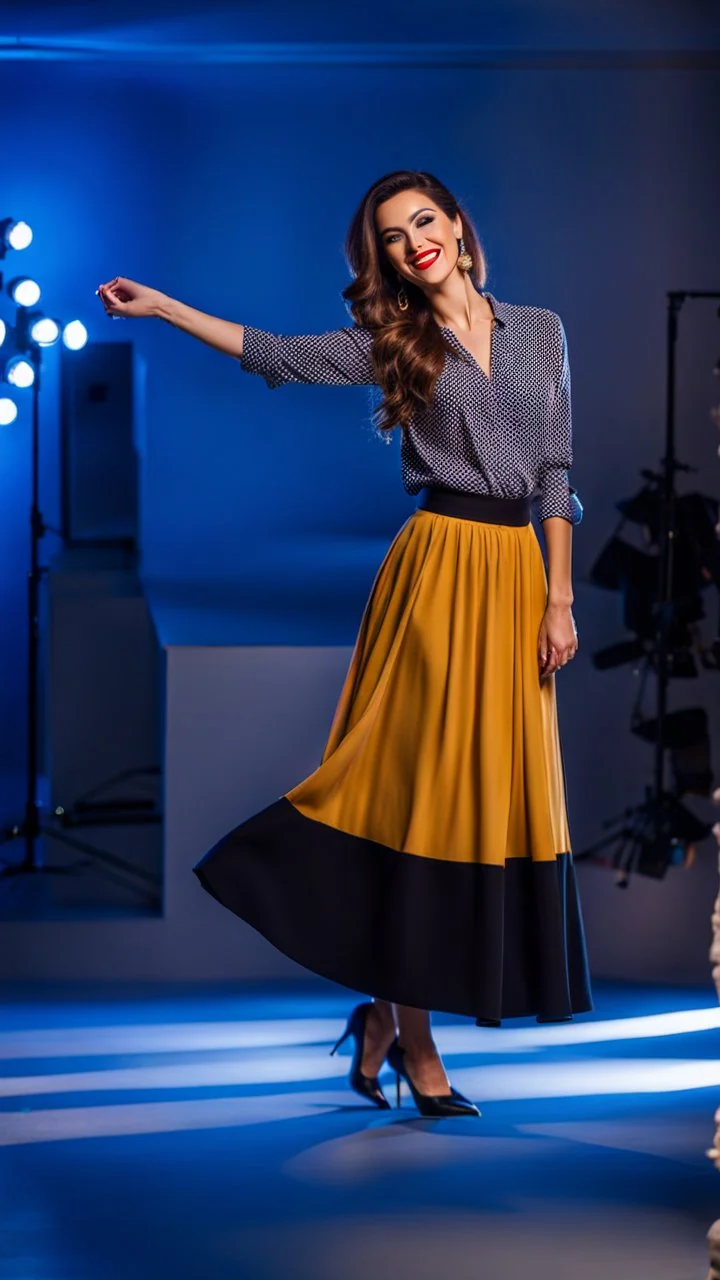 full body of very beautiful lady wearing long skirt and bluse ,standing idle happy pose in studio pretty makeup