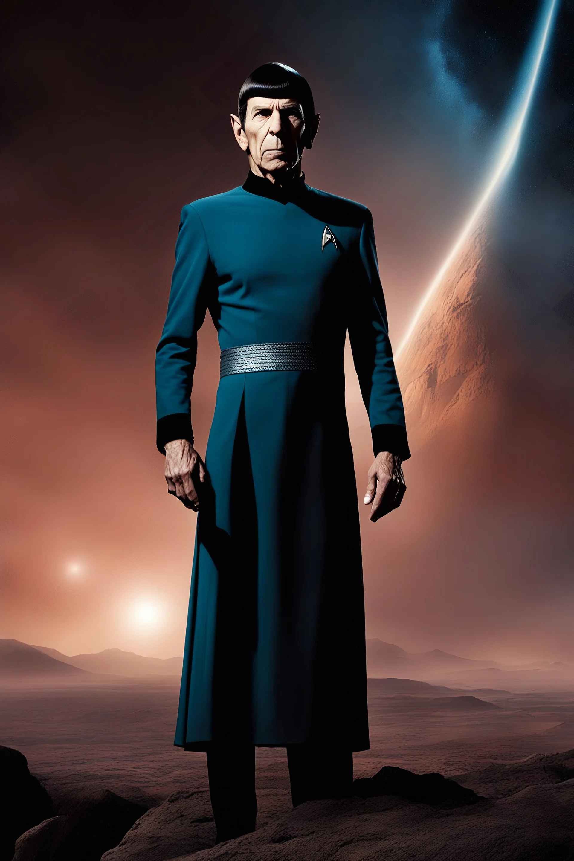 full-length image, Star Trek, extremely muscular Leonard Nimoy as Commander Spock, blue tunic, ultra details, extremely sharp focus, the background of the image is a dark and tenebrous illumination with a reddish fog, ultra-high definition, 16k resolution, masterpiece, Outer Space, Stars, planets, cosmic clouds, galaxies, fog, mist, clouds, smoke, extremely colorful