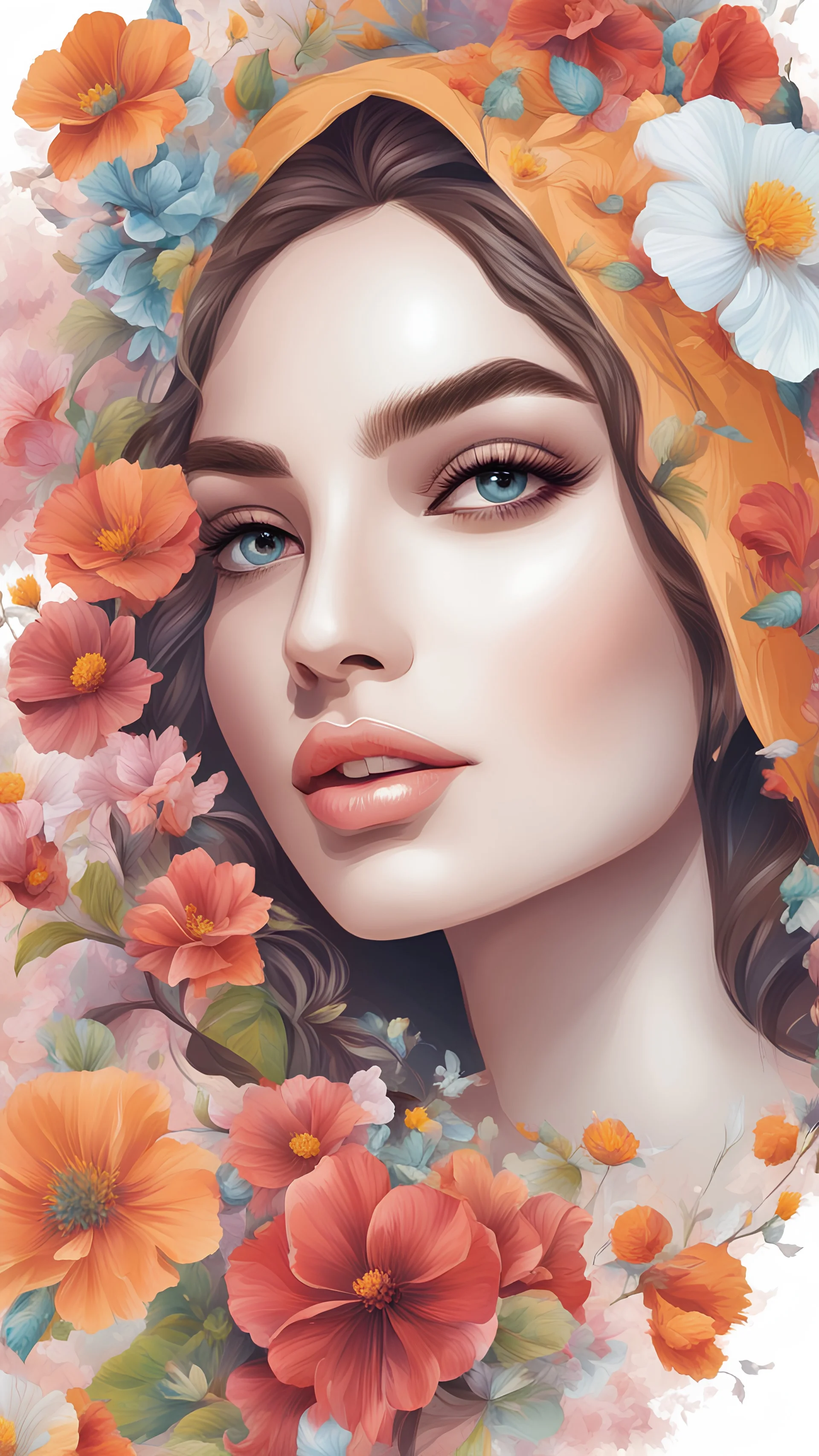 Mahmoud Farshchian style illustration of an beautiful girl in flowers