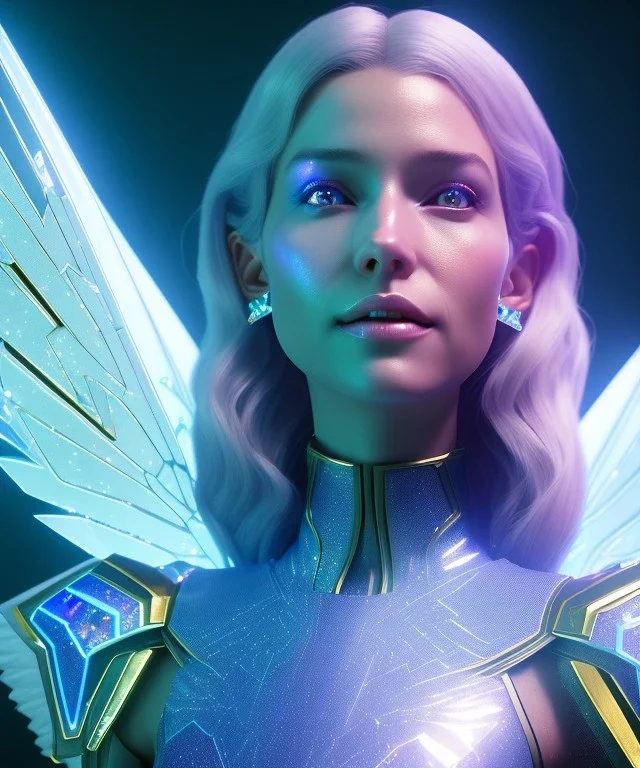 A smiling crystalised queen, atmospheric, realistic, unreal engine, cinematic lighting, octane render. blue, pink, transparency, light, shine,bright, full body, transparent wings, blonde, long hair, nice smile