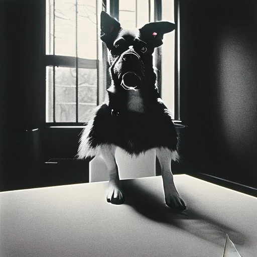 A dog in black dresses adorning a room, 1970s, photography sharp focus by Jean Rollin, hermitpunk, mallgoth, Yves Tanguy