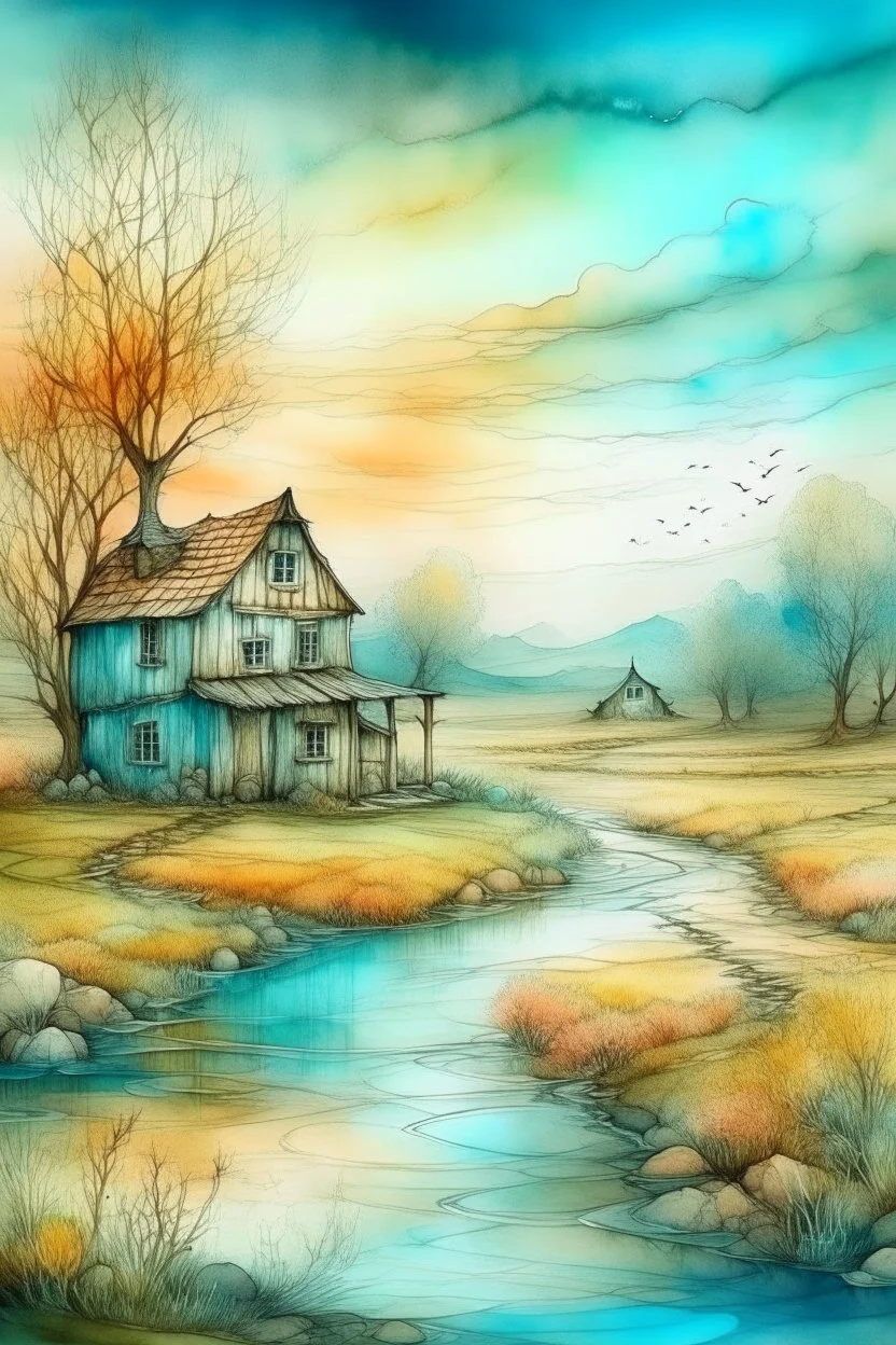 The place where the Dream and its followers live. Watercolor, fine drawing, beautiful van gogh landskape, pixel graphics, lots of details, pastel aqua colors, delicate sensuality, realistic, high quality, work of art, hyperdetalization, professional, filigree, hazy haze, hyperrealism, professional, transparent, delicate pastel tones, back lighting, contrast, fantastic, nature+space, Milky Way, fabulous, unreal, translucent, glowing