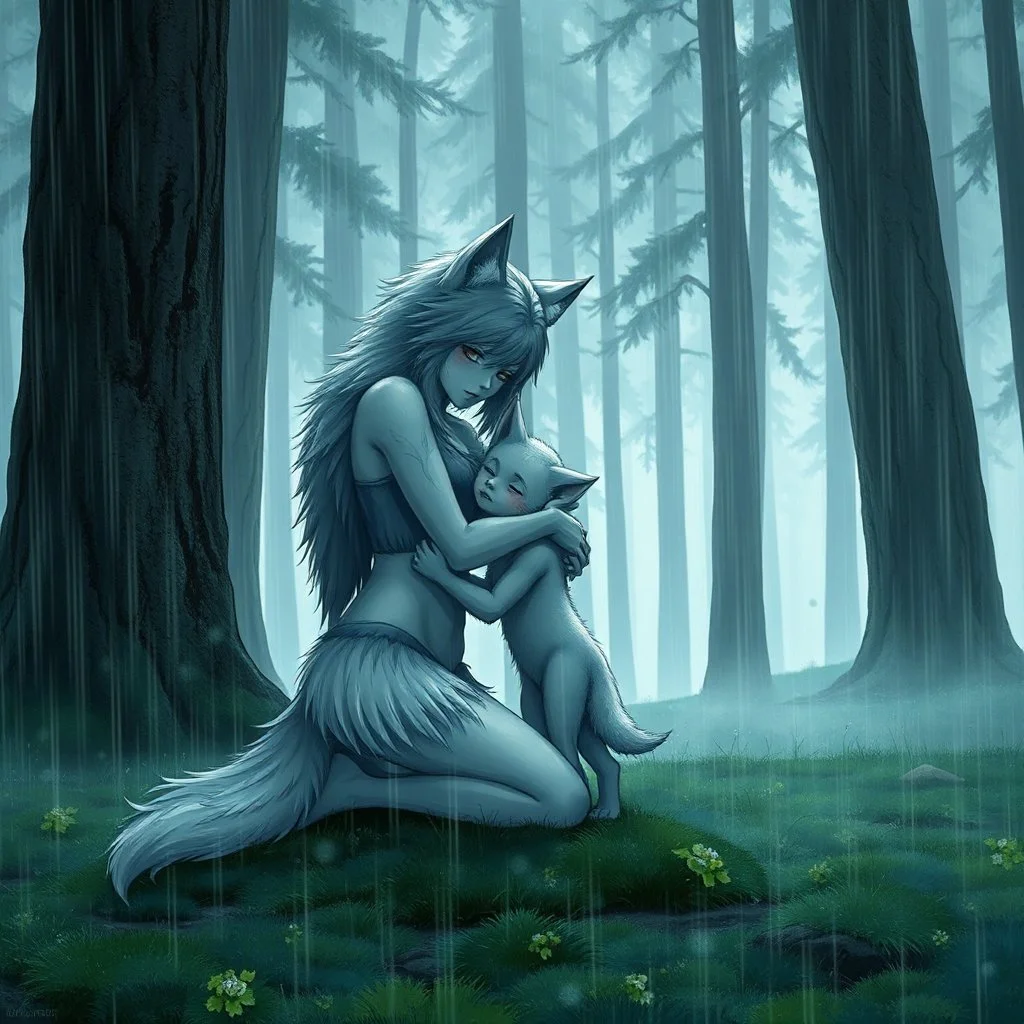 fantasy anime art from an anthropomorphic wolf female hibrid kneeling hugs her two anthropomorphic wolf-kid hibrid child on field, in background tall trees wirh big trunks, rain, down on blue-green moss, hug each other , rainy day, high contrast, high detalied, atmospheric, fantasy, sci-fi mood