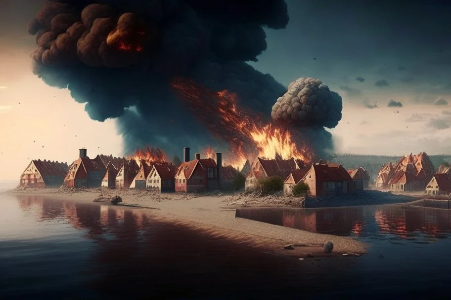 Dutch island city with walls blown up on fire in the distance