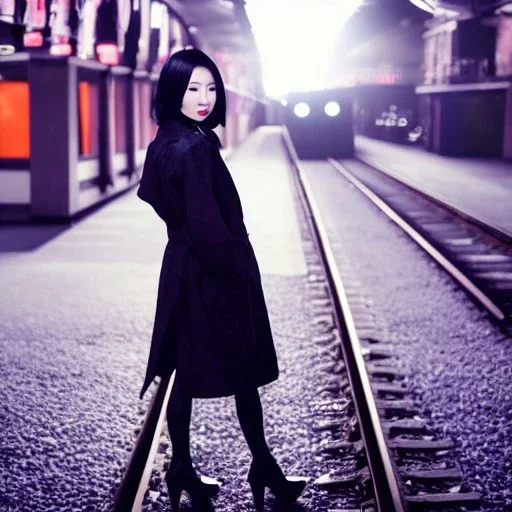 A beautiful slender Asian prostitute with short black hair and a black trench coat, waiting for a man at night at a train station in London