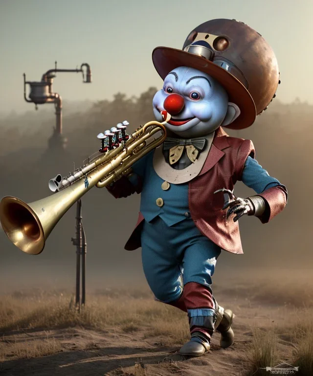 mechanoid happy friendly fat clown playing jazz with a steampunk theme, trumpet, realistic