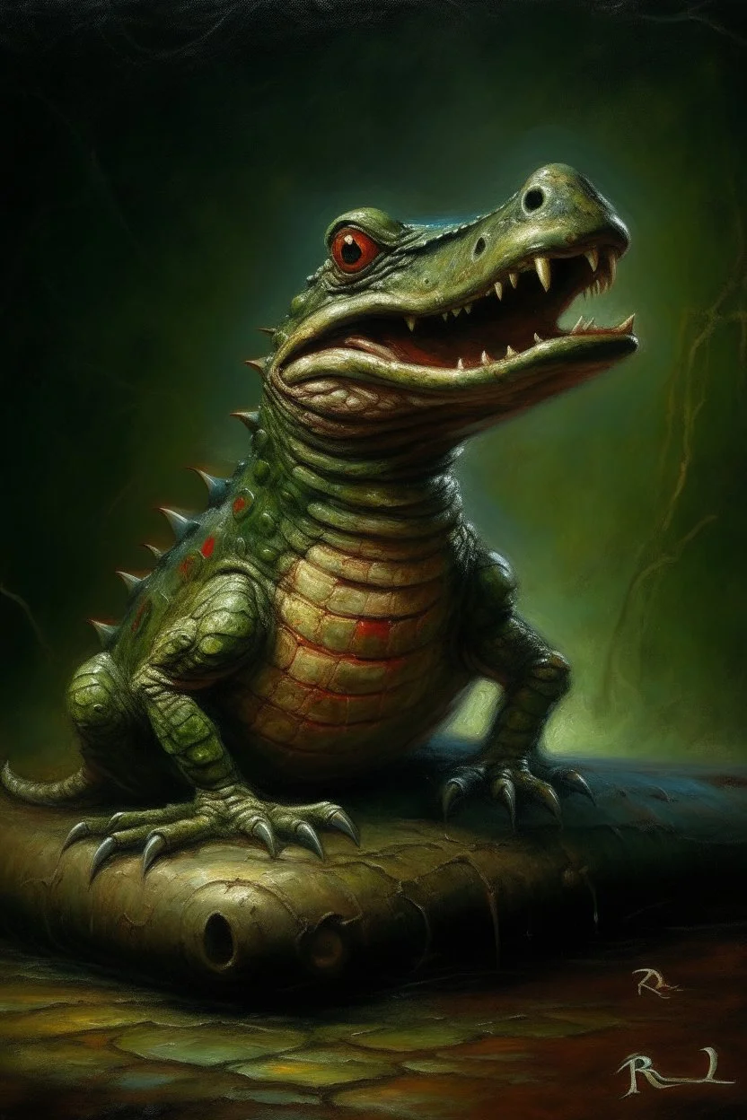 crocodile rocket, slightly demonic alien gremlin rat in it, prize winning oil painting