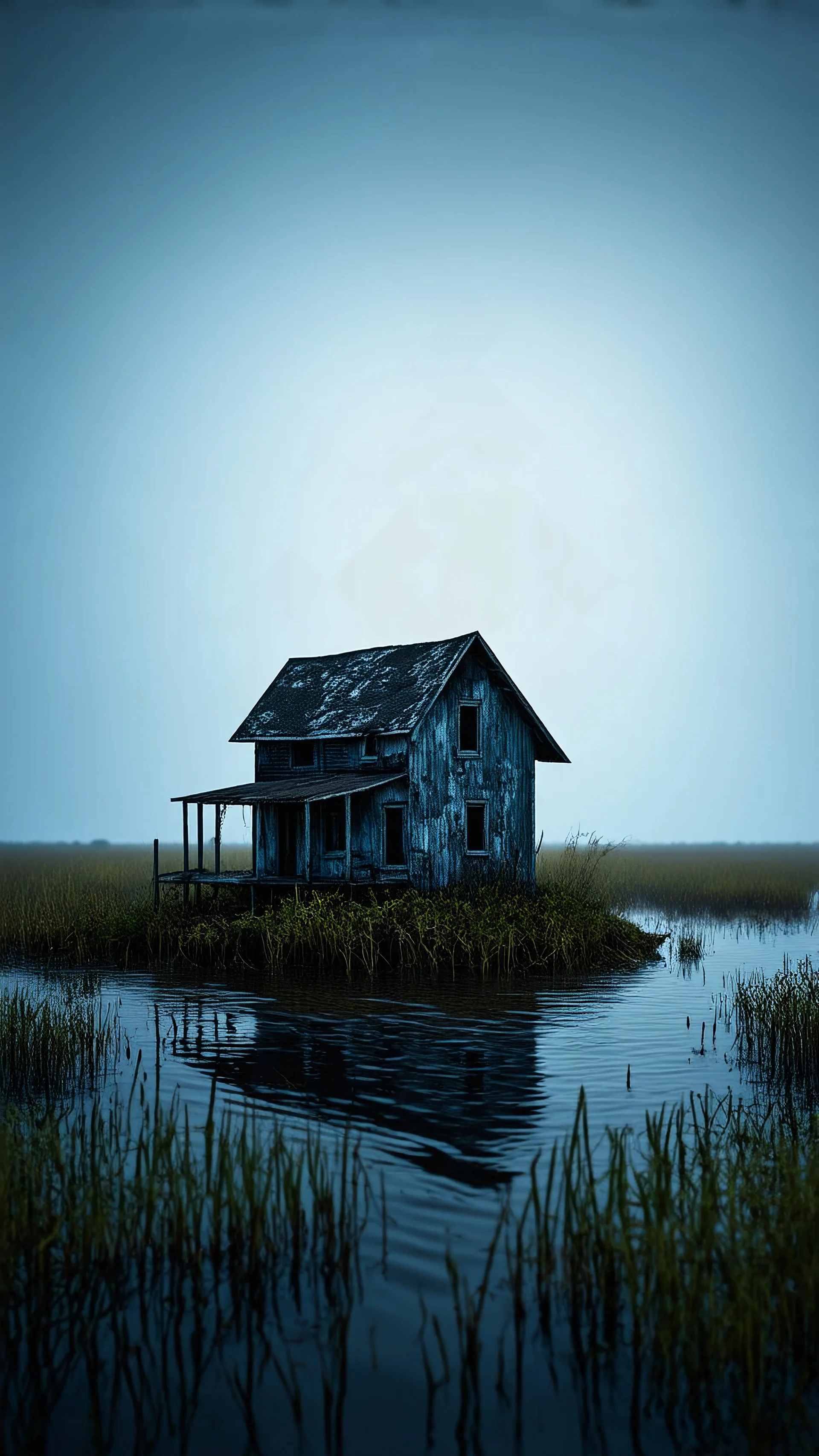 Photorealistic An abandoned house on an island in the middle of the swamp nothingness and distressing anguish old wooden wasteland, night volumetric light, shot on Hasselblad, movie shot, nightmare, hypermaximalist, obsessive, hypnotic,