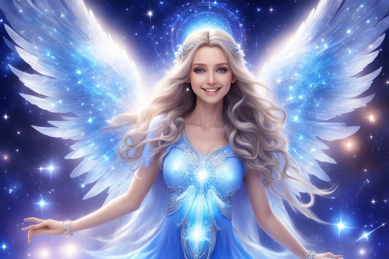 angel cosmic women with long hair, light eyes and blue brightness tunic, with a little sweety smile, with big crystal wings, in a background of stars and bright beam in the sky