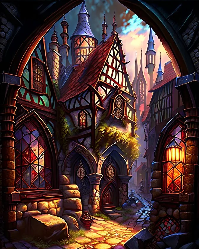 medieval fantasy cobblestone town with stained glass window buildings fairytale rpg art