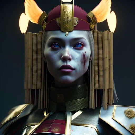 2 Latin womans, rounded face, blood, black, samurai helmet, decorative color feathers, retro, bamboo, leather, soft color, highly detailed, art stations, concept art, smooth, unreal engine 5, god rays, ray tracing, RTX, lumen lighting, ultra detail, volumetric lighting, 3d, finely drawn, high definition, high resolution.